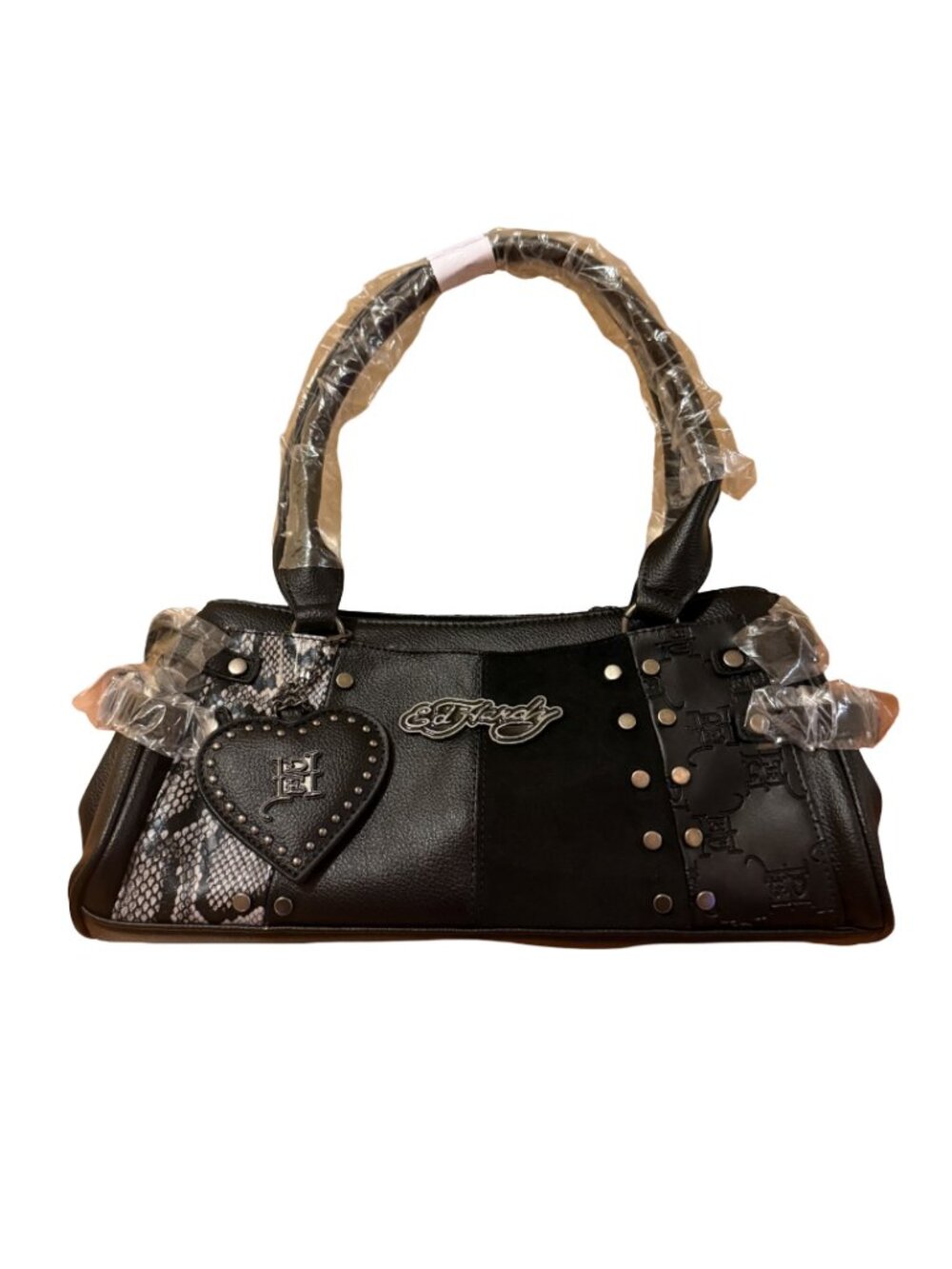 Ed Hardy Black Studded Snake Print Handbag
